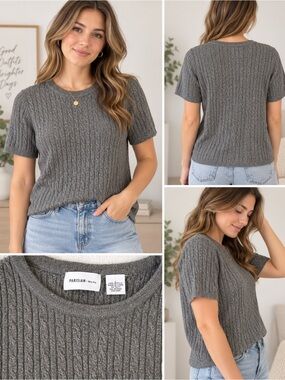 Parisian Works Charcoal Gray Cable Knit Short Sleeve Sweater